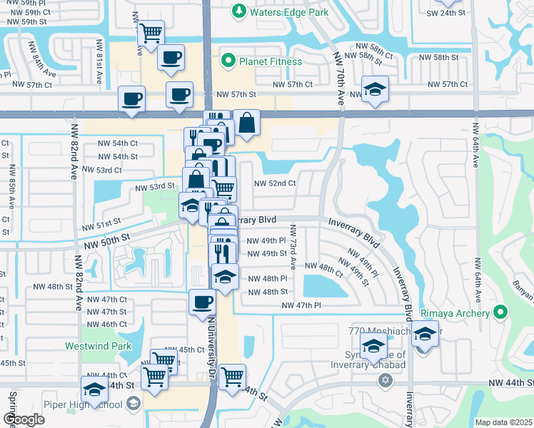 map of restaurants, bars, coffee shops, grocery stores, and more near 7390 Northwest 51st Street in Lauderhill