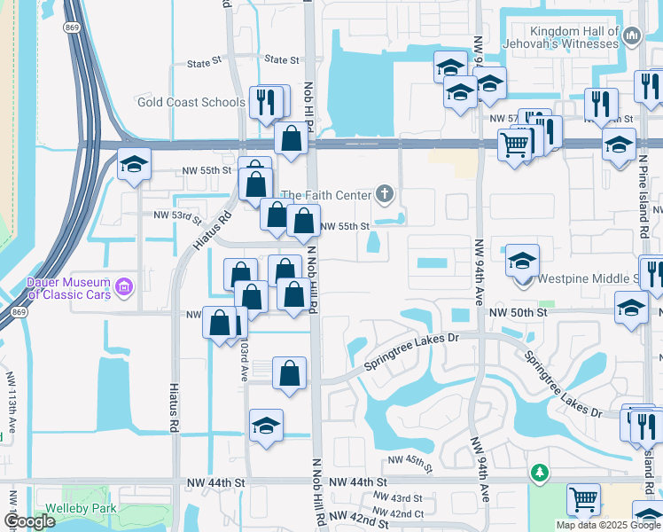 map of restaurants, bars, coffee shops, grocery stores, and more near 9974 Northwest 52nd Street in Sunrise
