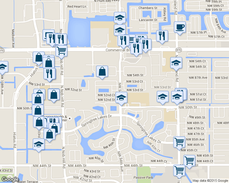 map of restaurants, bars, coffee shops, grocery stores, and more near 9472 Northwest 52nd Place in Sunrise