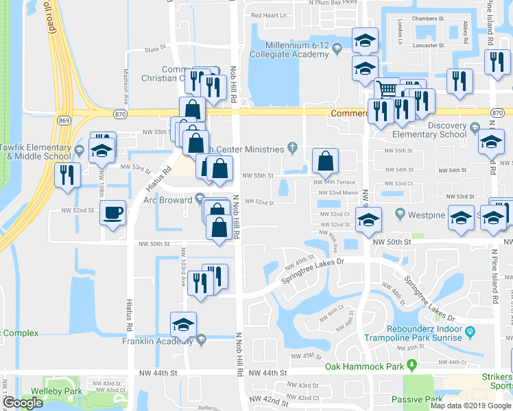 map of restaurants, bars, coffee shops, grocery stores, and more near 9974 Northwest 52nd Street in Sunrise