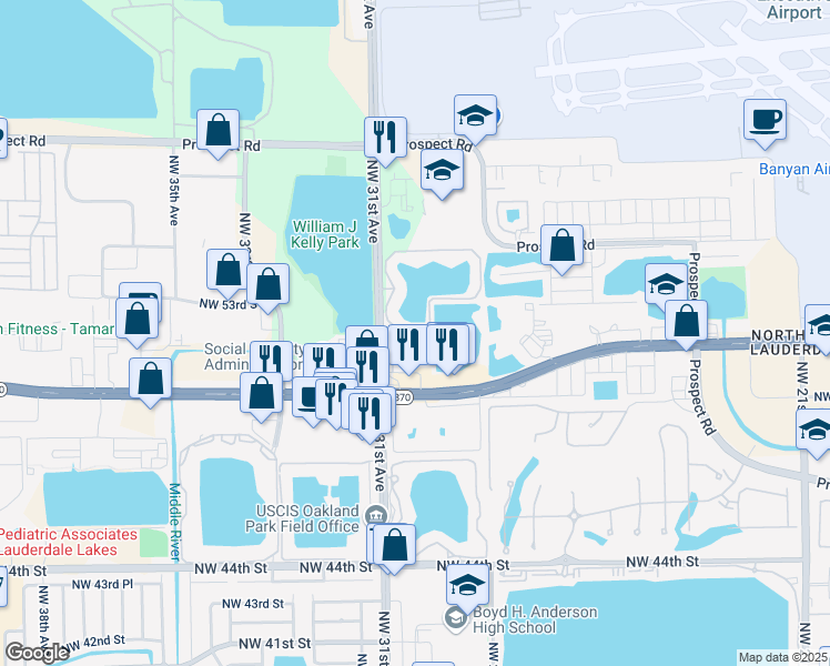 map of restaurants, bars, coffee shops, grocery stores, and more near 5148 Northwest 30th Terrace in Fort Lauderdale