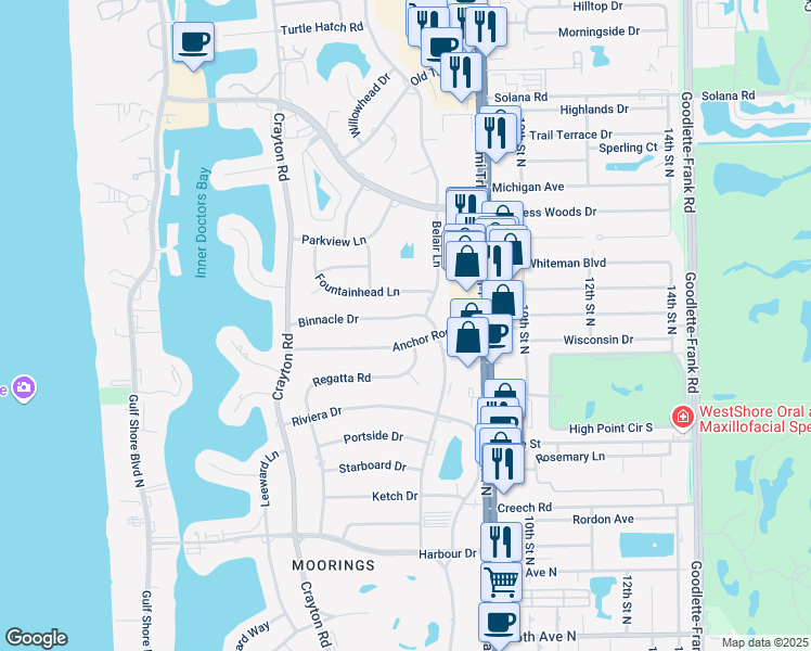 map of restaurants, bars, coffee shops, grocery stores, and more near 770 Binnacle Drive in Naples