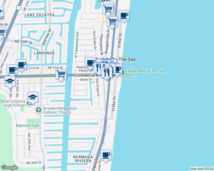 map of restaurants, bars, coffee shops, grocery stores, and more near 4321 North Ocean Drive in Lauderdale-by-the-Sea