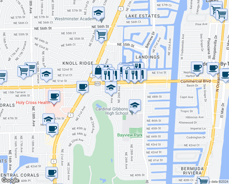 map of restaurants, bars, coffee shops, grocery stores, and more near 4850 Northeast 26th Avenue in Fort Lauderdale