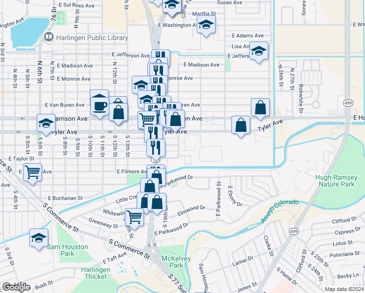 map of restaurants, bars, coffee shops, grocery stores, and more near 501 Rock Circle in Harlingen