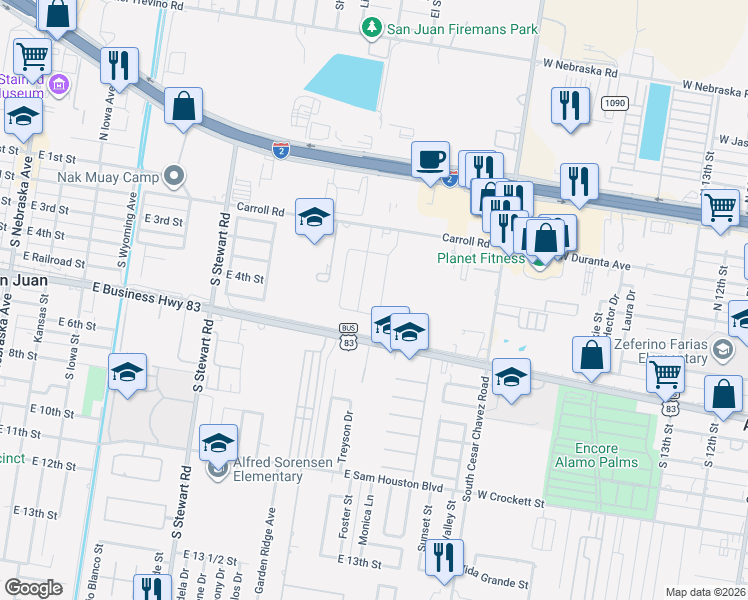 map of restaurants, bars, coffee shops, grocery stores, and more near U.S. 83 Business in San Juan