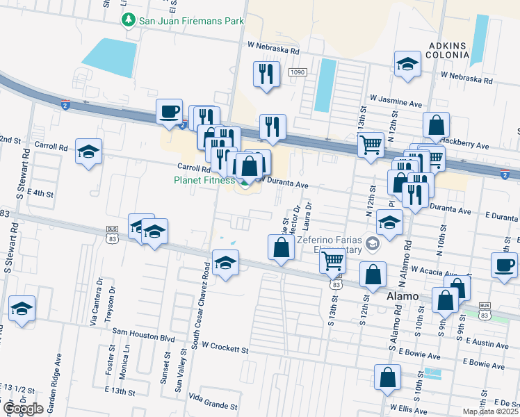 map of restaurants, bars, coffee shops, grocery stores, and more near 1443 West Duranta Avenue in Alamo