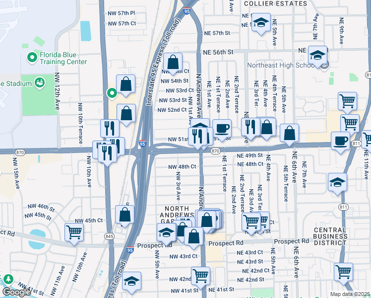 map of restaurants, bars, coffee shops, grocery stores, and more near 203 Commercial Boulevard in Fort Lauderdale