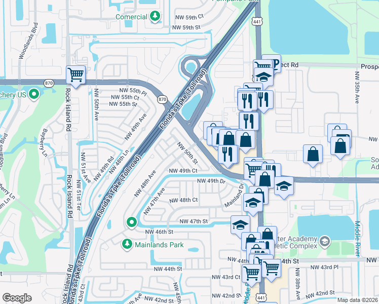 map of restaurants, bars, coffee shops, grocery stores, and more near 4727 Northwest 50th Street in Tamarac