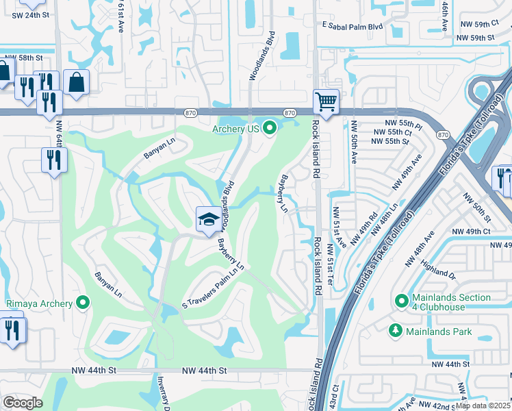 map of restaurants, bars, coffee shops, grocery stores, and more near 5105 North Travelers Palm Lane in Tamarac
