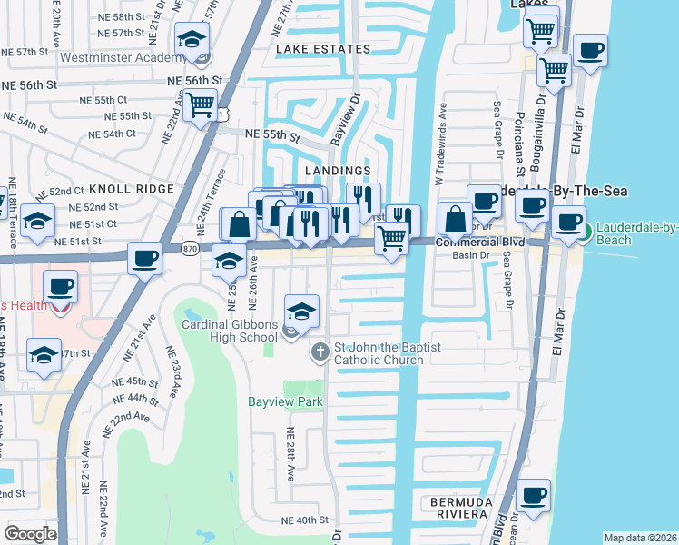map of restaurants, bars, coffee shops, grocery stores, and more near 3024 Northeast 49th Street in Fort Lauderdale