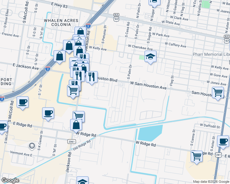 map of restaurants, bars, coffee shops, grocery stores, and more near 810 South Casa Road in Pharr