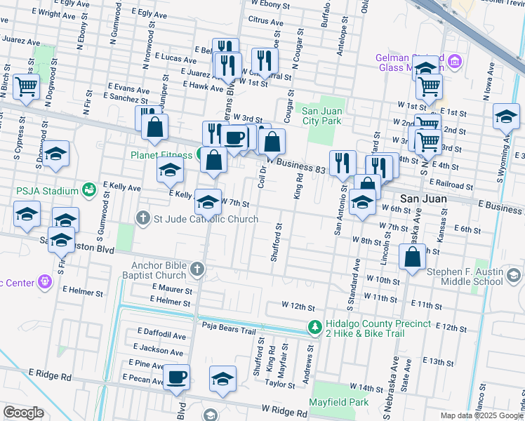 map of restaurants, bars, coffee shops, grocery stores, and more near 711 West 7th Street in San Juan