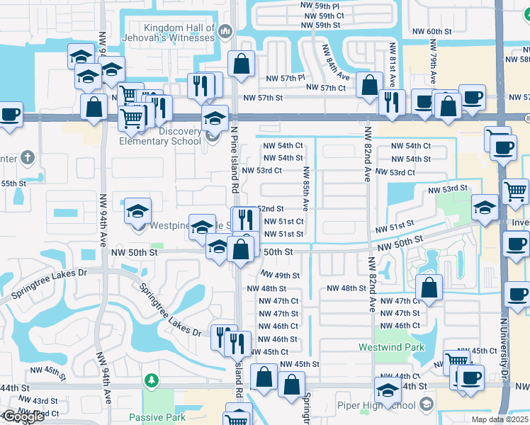 map of restaurants, bars, coffee shops, grocery stores, and more near 8630 Northwest 52nd Street in Lauderhill