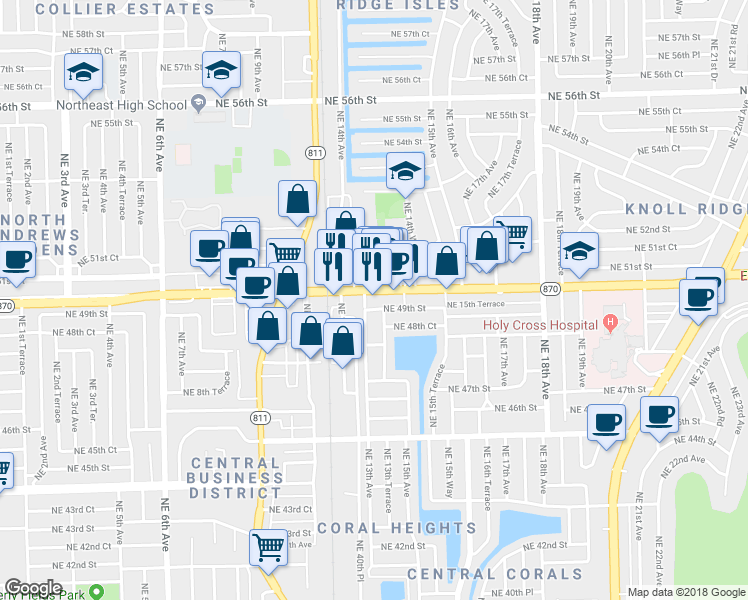 map of restaurants, bars, coffee shops, grocery stores, and more near 1300 East Commercial Boulevard in Oakland Park