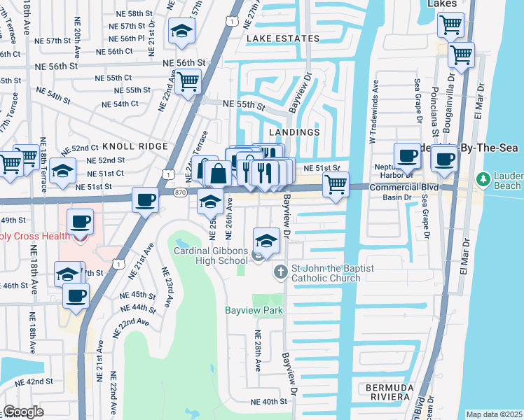 map of restaurants, bars, coffee shops, grocery stores, and more near 2800 Northeast 49th Street in Fort Lauderdale