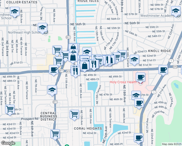 map of restaurants, bars, coffee shops, grocery stores, and more near 541 Northeast 15th Avenue in Oakland Park