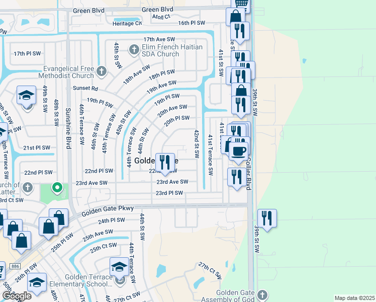 map of restaurants, bars, coffee shops, grocery stores, and more near 2161 42nd Street Southwest in Naples
