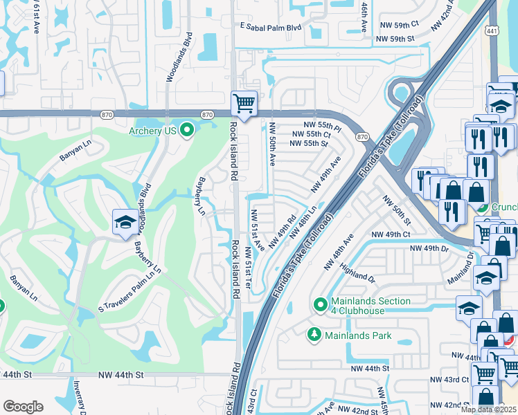 map of restaurants, bars, coffee shops, grocery stores, and more near 5017 NW 51st Terrace in Lauderdale Lakes