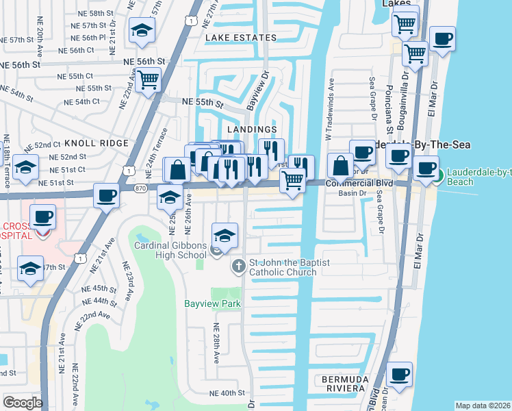 map of restaurants, bars, coffee shops, grocery stores, and more near 3024 Northeast 49th Street in Fort Lauderdale