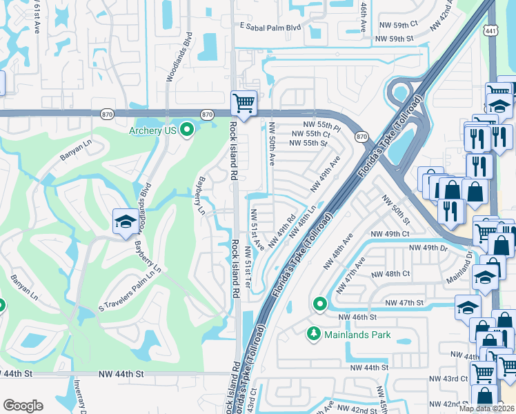 map of restaurants, bars, coffee shops, grocery stores, and more near 5017 NW 51st Terrace in Lauderdale Lakes