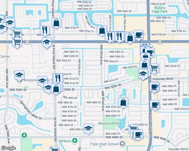map of restaurants, bars, coffee shops, grocery stores, and more near 8310 Northwest 52nd Street in Lauderhill