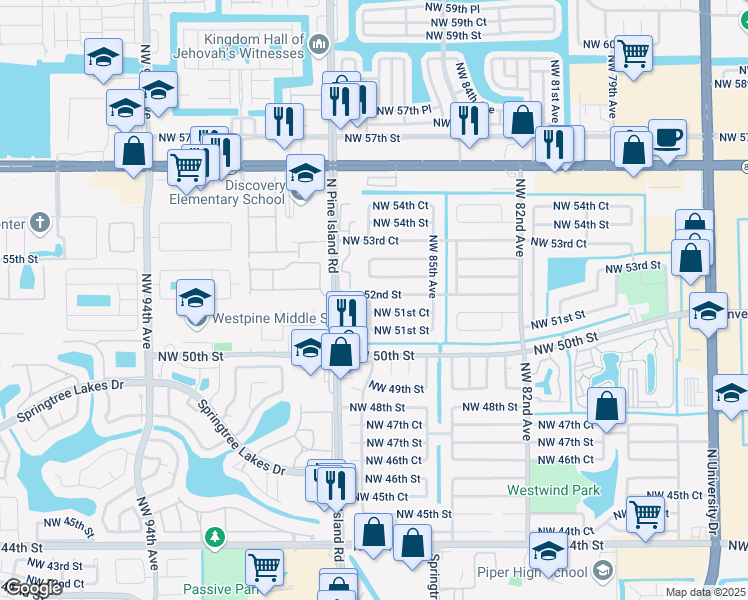 map of restaurants, bars, coffee shops, grocery stores, and more near 8630 Northwest 52nd Street in Lauderhill