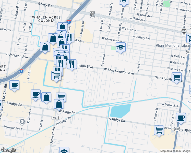 map of restaurants, bars, coffee shops, grocery stores, and more near 810 South Casa Road in Pharr