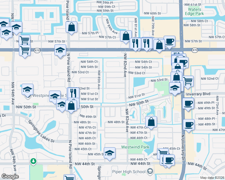 map of restaurants, bars, coffee shops, grocery stores, and more near 8310 Northwest 52nd Street in Lauderhill