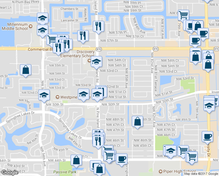 map of restaurants, bars, coffee shops, grocery stores, and more near 8630 Northwest 52nd Street in Lauderhill