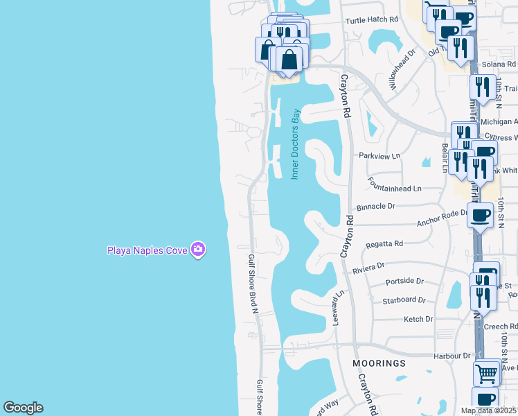 map of restaurants, bars, coffee shops, grocery stores, and more near 3450 Gulf Shore Boulevard North in Naples