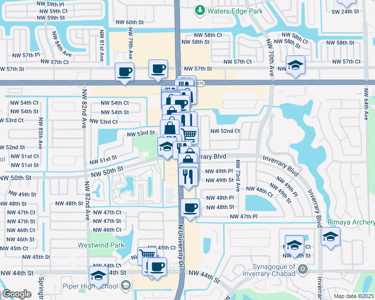 map of restaurants, bars, coffee shops, grocery stores, and more near 5100 North University Drive in Lauderhill