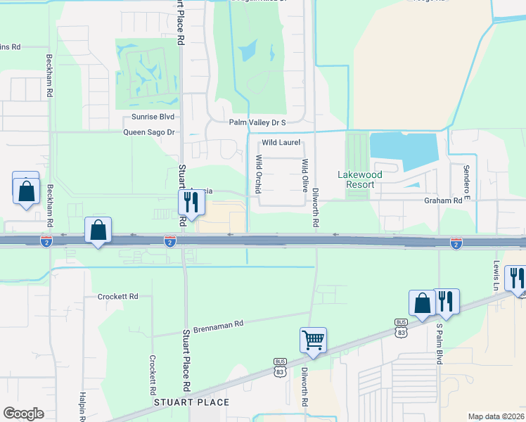 map of restaurants, bars, coffee shops, grocery stores, and more near 5717 Wild Persimmon in Harlingen