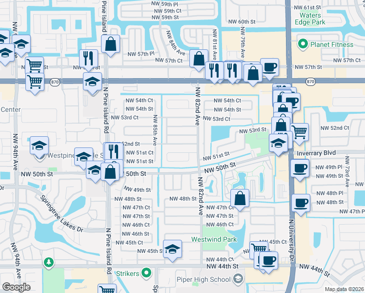 map of restaurants, bars, coffee shops, grocery stores, and more near 8310 Northwest 52nd Street in Lauderhill