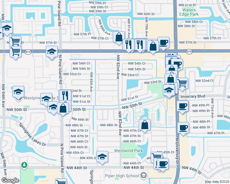 map of restaurants, bars, coffee shops, grocery stores, and more near 8210 Northwest 52nd Street in Lauderhill