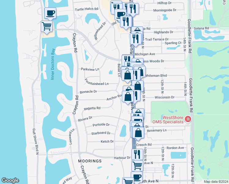 map of restaurants, bars, coffee shops, grocery stores, and more near 770 Binnacle Drive in Naples
