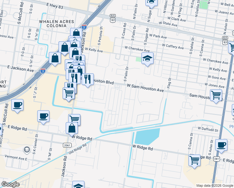 map of restaurants, bars, coffee shops, grocery stores, and more near 810 South Casa Road in Pharr