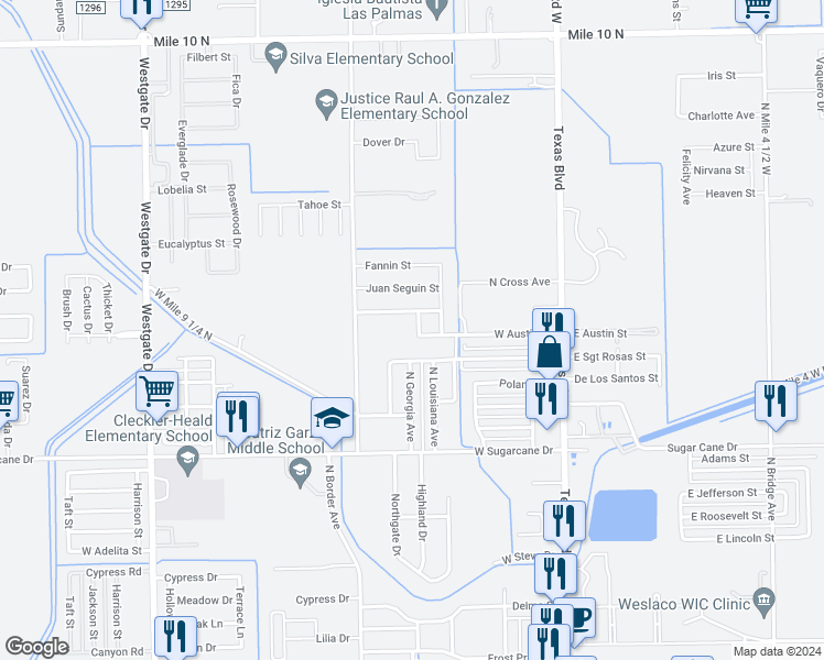 map of restaurants, bars, coffee shops, grocery stores, and more near 2923 Crockett Street in Weslaco