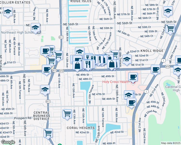map of restaurants, bars, coffee shops, grocery stores, and more near 1538 Northeast 49th Street in Oakland Park