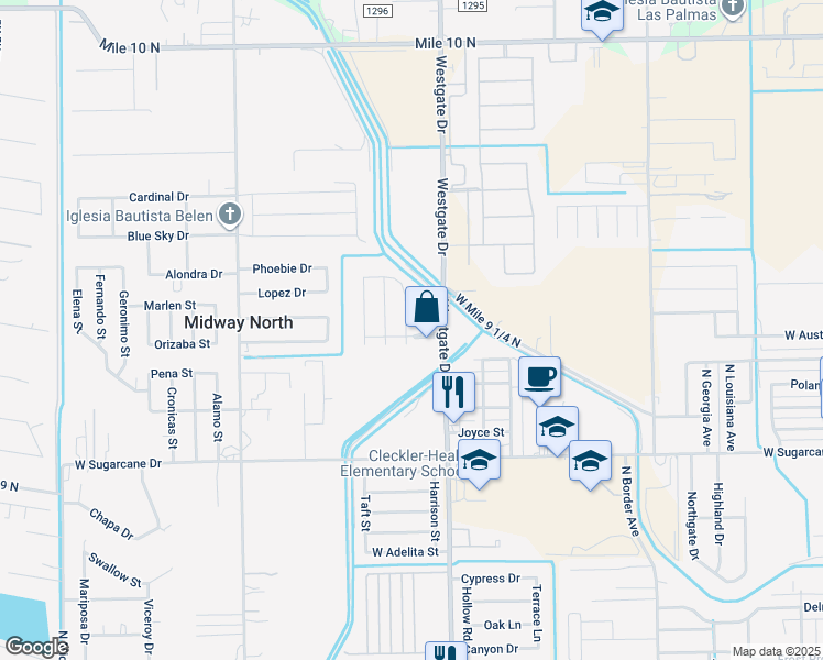 map of restaurants, bars, coffee shops, grocery stores, and more near 2908 Thicket Drive in Weslaco