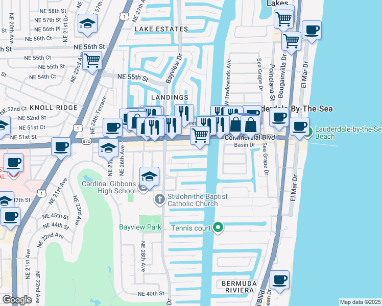 map of restaurants, bars, coffee shops, grocery stores, and more near 3080 Northeast 49th Street in Fort Lauderdale