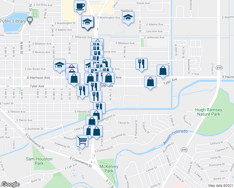 map of restaurants, bars, coffee shops, grocery stores, and more near 421 Rock Circle in Harlingen