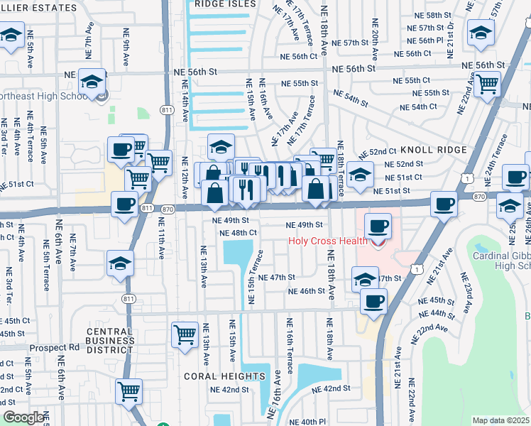 map of restaurants, bars, coffee shops, grocery stores, and more near 1538 Northeast 49th Street in Oakland Park