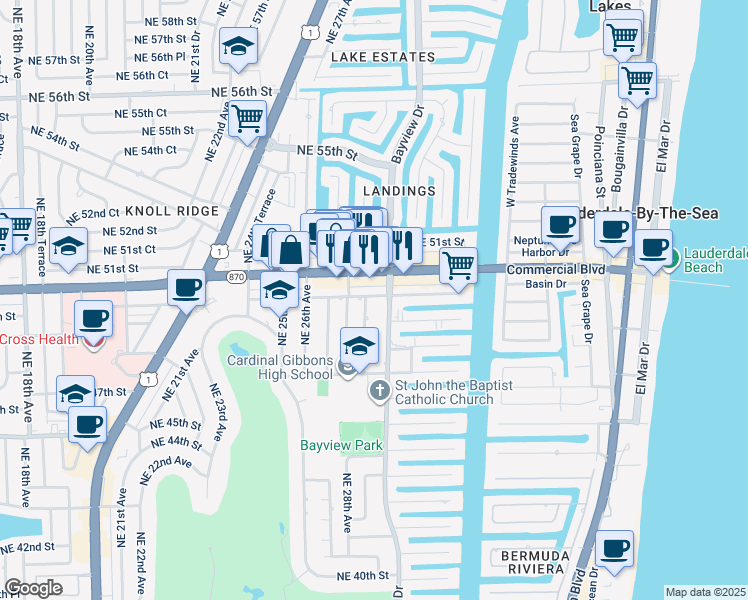map of restaurants, bars, coffee shops, grocery stores, and more near 2910 Northeast 49th Street in Fort Lauderdale