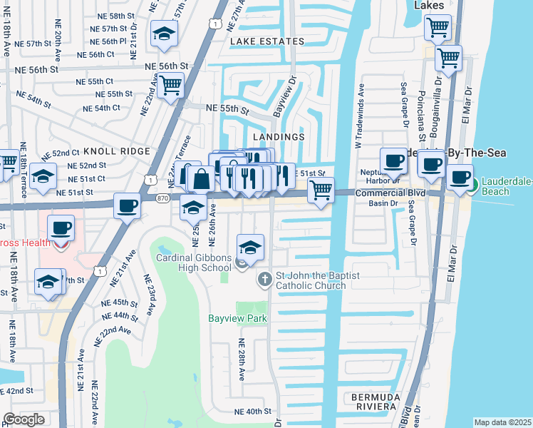 map of restaurants, bars, coffee shops, grocery stores, and more near 4821 Bayview Drive in Fort Lauderdale