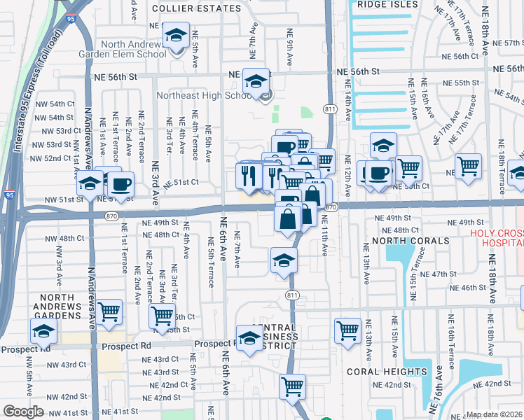 map of restaurants, bars, coffee shops, grocery stores, and more near 850 East Commercial Boulevard in Oakland Park