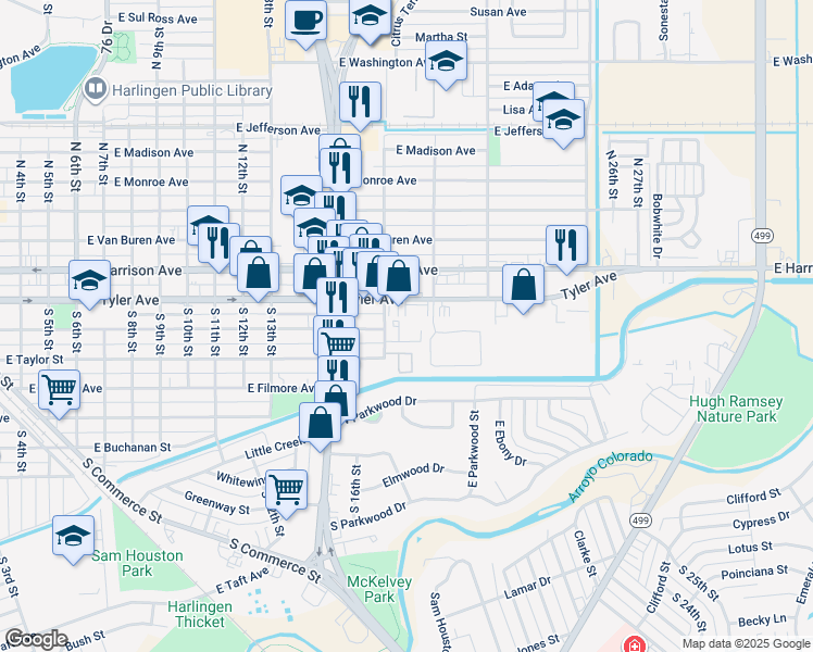 map of restaurants, bars, coffee shops, grocery stores, and more near 501 Rock Circle in Harlingen