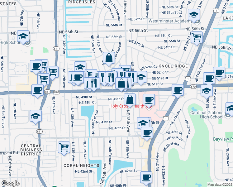 map of restaurants, bars, coffee shops, grocery stores, and more near 1736 East Commercial Boulevard in Oakland Park