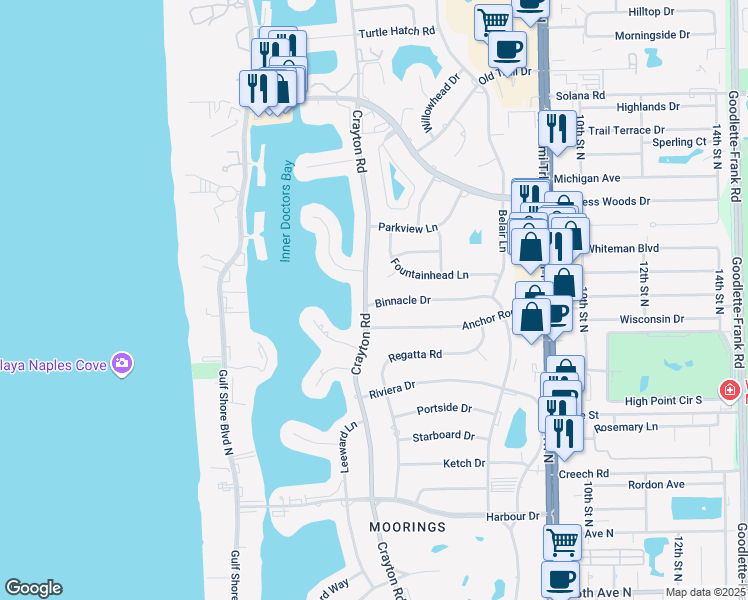 map of restaurants, bars, coffee shops, grocery stores, and more near 3500 Crayton Road in Naples