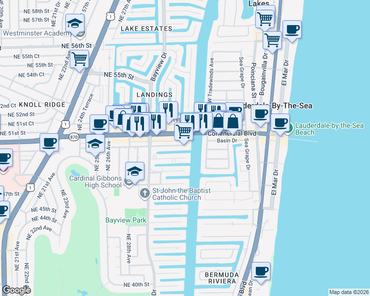 map of restaurants, bars, coffee shops, grocery stores, and more near 3080 Northeast 49th Street in Fort Lauderdale